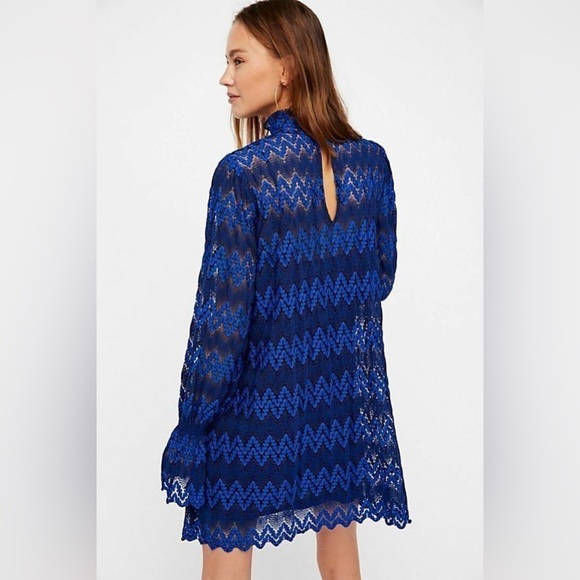Free People Simone Blue Crochet Mini Dress With Lace Bell Sleeves Size Small - Picture 6 of 15
